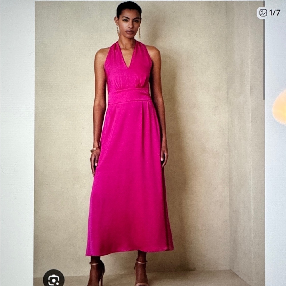 NWT BANANA REPUBLIC Pink Halter Tie Maxi Dress Women 6P Cocktail Silky Deep V - Picture 2 of 15